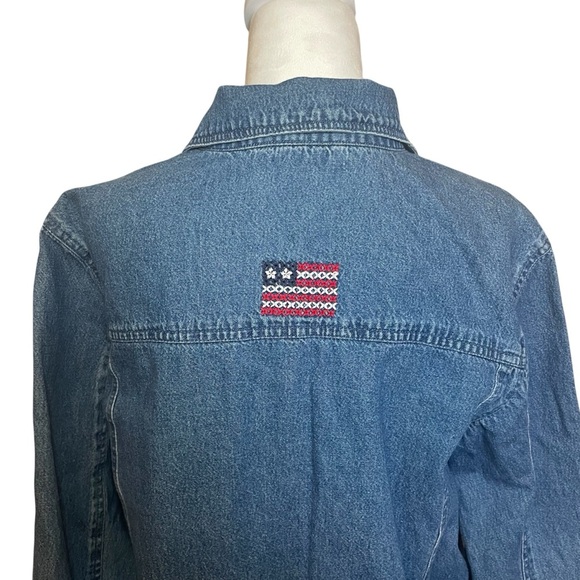 Denim & Co Womens Denim Jean Jacket Blue 100% Cotton USA Flag Embroidery Medium - Picture 5 of 11